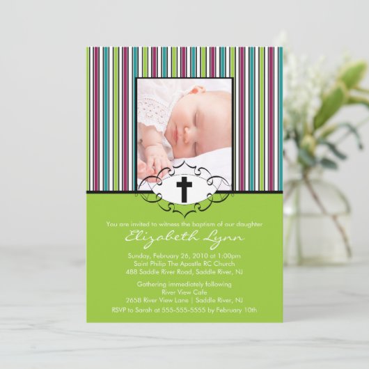 バプティスマ《キリスト教》洗礼式や命名式招待状フォトグリーンストライプ 招待状 (スタンド正面)