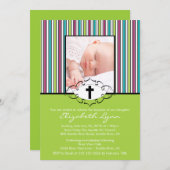 バプティスマ《キリスト教》洗礼式や命名式招待状フォトグリーンストライプ 招待状 (正面/裏面)