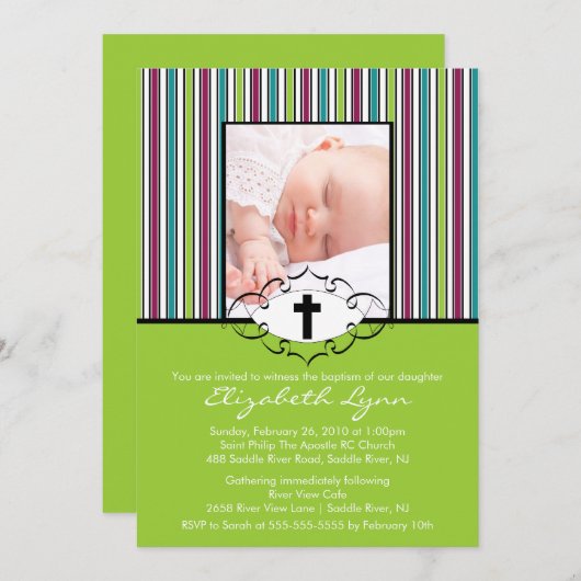 バプティスマ《キリスト教》洗礼式や命名式招待状フォトグリーンストライプ 招待状 (正面/裏面)
