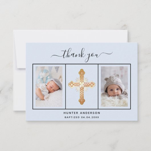 バプティスライトブルー写真スクリプト男の赤ちゃん サンキューカード (正面)