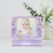 バプティスラベンダーピンククロスガールフォト《キリスト教》洗礼式や命名式 招待状 (スタンド正面)