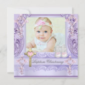 バプティスラベンダーピンククロスガールフォト《キリスト教》洗礼式や命名式 招待状 (正面)