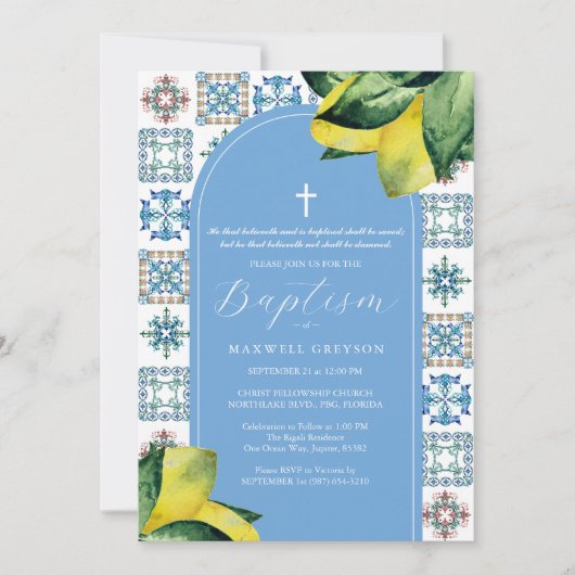 バプティスレモン宗教イタリアンブルータイル 招待状 (正面)