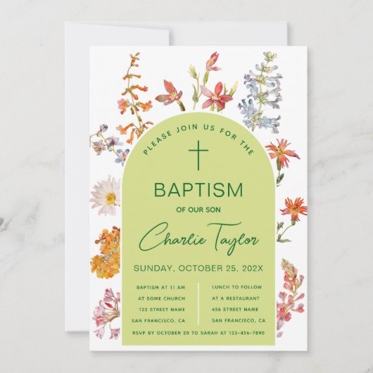 バプティスワイルドフラワーズグリーンアーチフローラ《キリスト教》洗礼式や命名式 招待状 (正面)