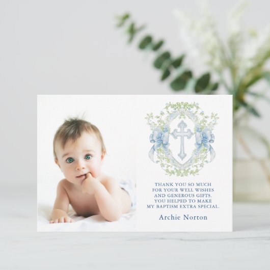 バプテスクロスプレストグリーナリー男の赤ちゃん写真 サンキューカード (スタンド正面)