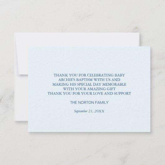 バプテスクロスプレストグリーナリー男の赤ちゃん写真 サンキューカード (裏面)