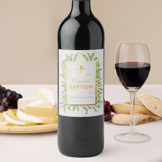 バプテスグリーンリーフェイク金ゴールドクロスマーブルボタニカル ワインラベル