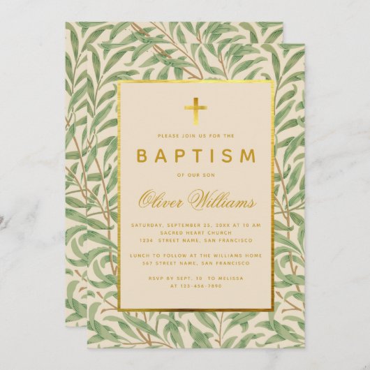 バプテスグリーン葉金ゴールドクロスフェイクモリスウィロー 招待状 (正面/裏面)