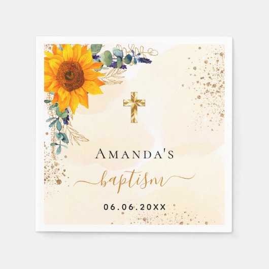 バプテスサンフラワーユーカリ緑のグリッター スタンダードカクテルナプキン (正面)