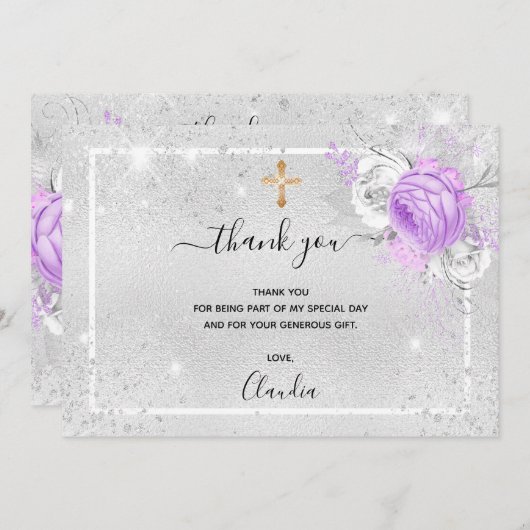 バプテスシルバーパープル花模様写真少女 サンキューカード (正面/裏面)