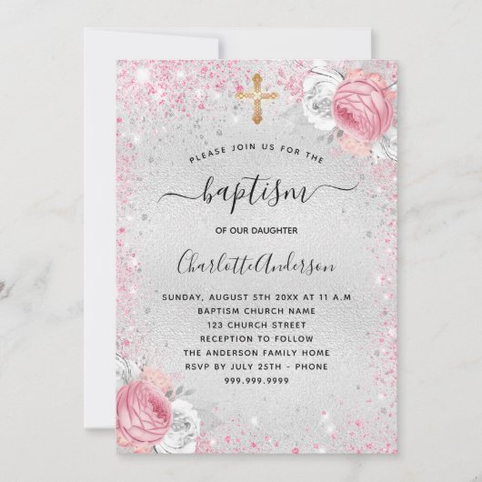 バプテスシルバーピンクの女の子のフローラグリッター 招待状 (正面)