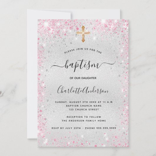 バプテスシルバーピンクグリッターガールモダン 招待状 (正面)