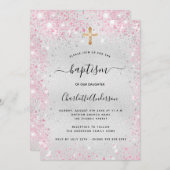 バプテスシルバーピンクグリッターガールモダン 招待状 (正面/裏面)