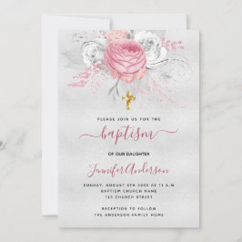 バプテスシルバーピンク花模様ガールエレガントホワイト 招待状