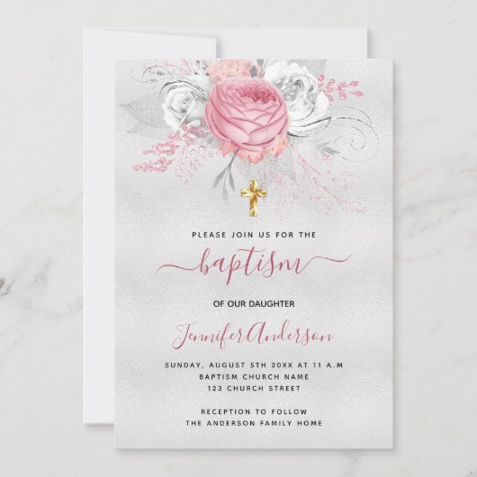 バプテスシルバーピンク花模様ガールエレガントホワイト 招待状 (正面)