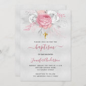 バプテスシルバーピンク花模様ガールエレガントホワイト 招待状 (正面/裏面)