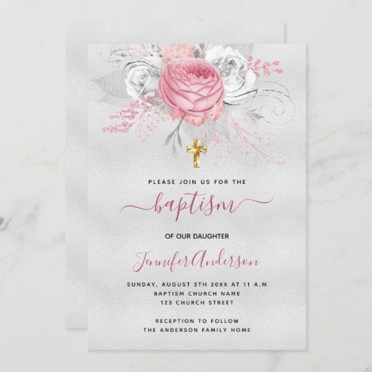 バプテスシルバーピンク花模様ガールエレガントホワイト 招待状 (正面/裏面)