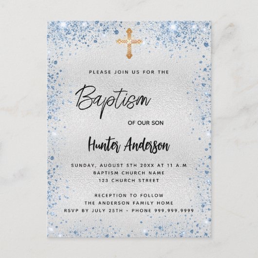 バプテスシルバーブルーの少年金ゴールドがキラキラ光 インビテーションポストカード (正面)