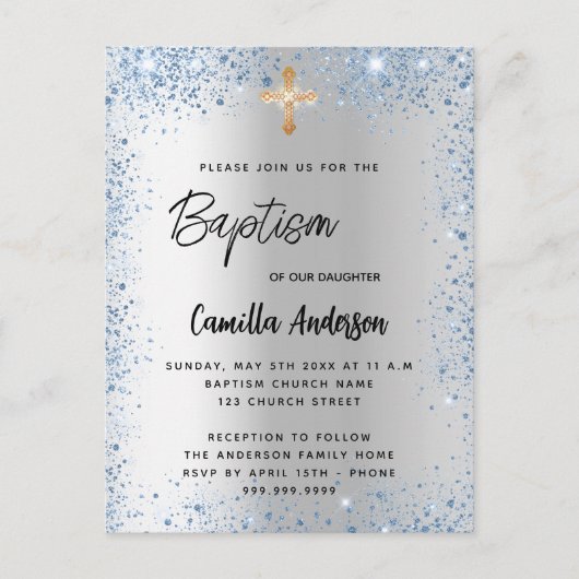バプテスシルバーブルーボーイグリッタークロス インビテーションポストカード (正面)