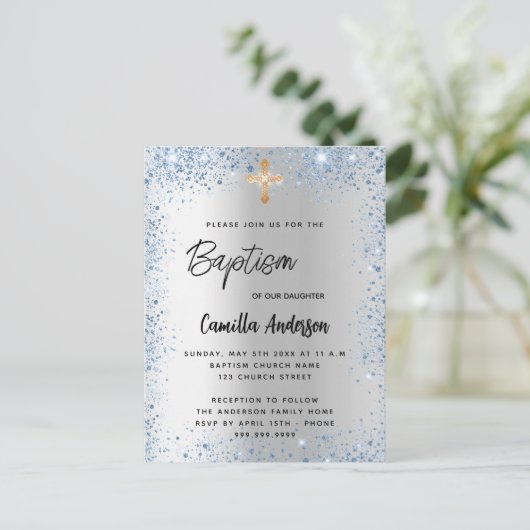 バプテスシルバーブルーボーイグリッタークロス インビテーションポストカード (スタンド正面)
