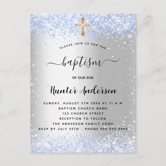 バプテスシルバーブルー紙吹雪男の赤ちゃん インビテーションポストカード (正面)