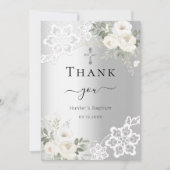 バプテスシルバーホワイトフローラレースサンキューカード 招待状 (正面)
