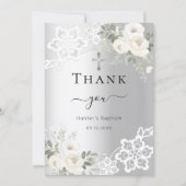 バプテスシルバーホワイトフローラレースサンキューカード 招待状 (正面)