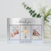 バプテスシルバーライトブルー男の赤ちゃんフォトスクリプト サンキューカード (スタンド正面)