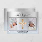 バプテスシルバーライトブルー男の赤ちゃんフォトスクリプト サンキューカード (正面/裏面)