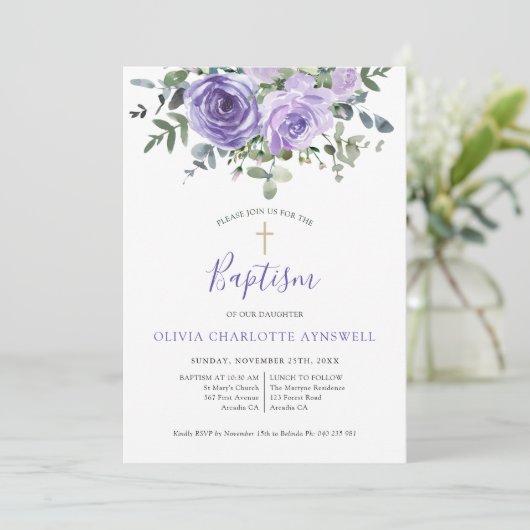 バプテスダスティパープルバラユーカリ《キリスト教》洗礼式や命名式 招待状 (スタンド正面)