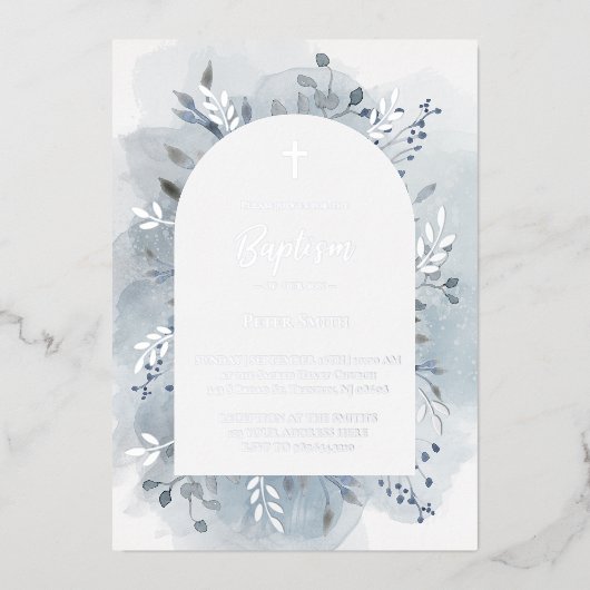 バプテスダスティブルーウォーターカラー銀 箔招待状 (正面)