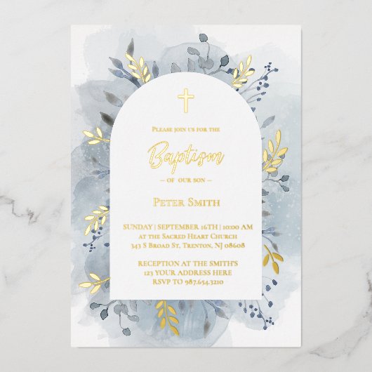 バプテスダスティブルーウォーター色の金ゴールド箔の招待 箔招待状 (正面)