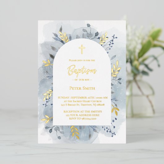 バプテスダスティブルーウォーター色の金ゴールド箔の招待 箔招待状 (立ち正面)