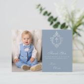 バプテスダスティブルークレストクロスエレガントボーイフォト サンキューカード (スタンド正面)