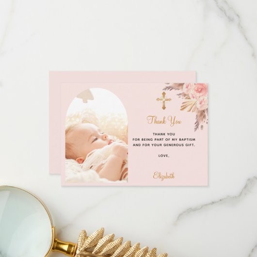 バプテスパンパスグラスアーチ写真赤面ピンクガール サンキューカード (正面/裏面インサイチュ)