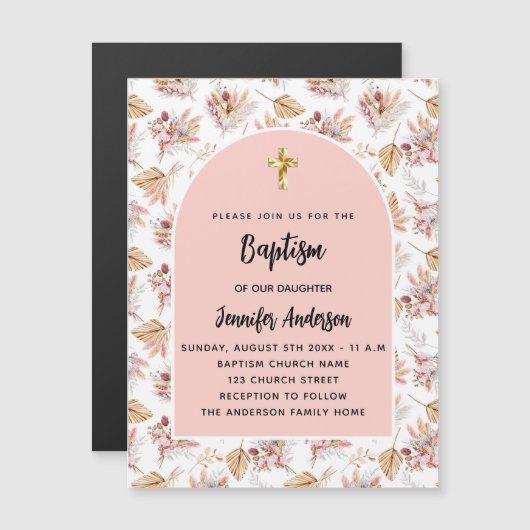 バプテスパンパスフラワーズバラ金ゴールドピンクガールラグジュアリー マグネット招待状 (正面/裏面)