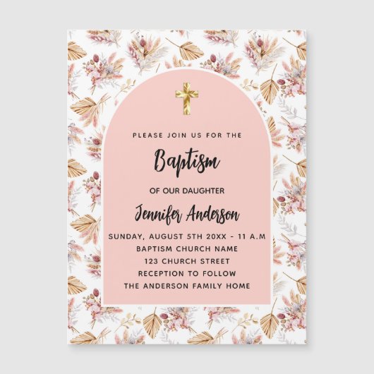 バプテスパンパスフラワーズバラ金ゴールドピンクガールラグジュアリー マグネット招待状 (正面)