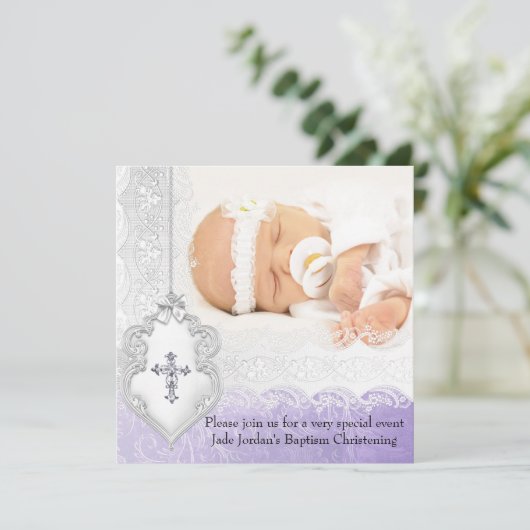 バプテスパープルホワイトレースフォトジェルクロスガール 招待状 (スタンド正面)
