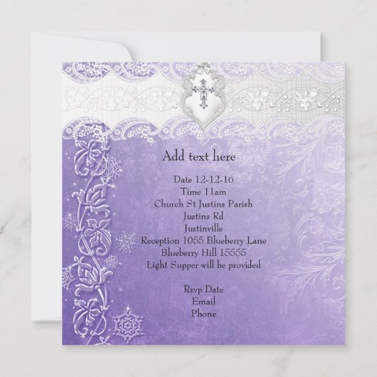 バプテスパープルホワイトレースフォトジェルクロスガール 招待状 (裏面)