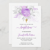 バプテスパープル花模様ガールエレガントホワイト 招待状 (正面/裏面)