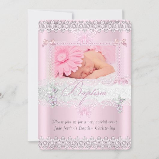 バプテスピかわいらしックスレース写真蝶ガール 招待状 (正面)