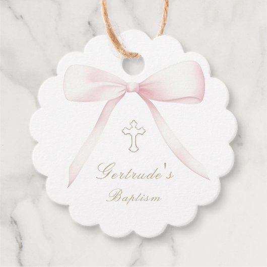 バプテスピンクの弓ベビーガールメッセージカード フェイバータグ (正面)