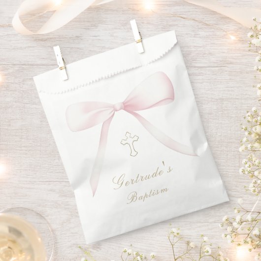 バプテスピンクの弓ベビーガールメッセージカード フェイバーバッグ (クリップ留めされた状態)