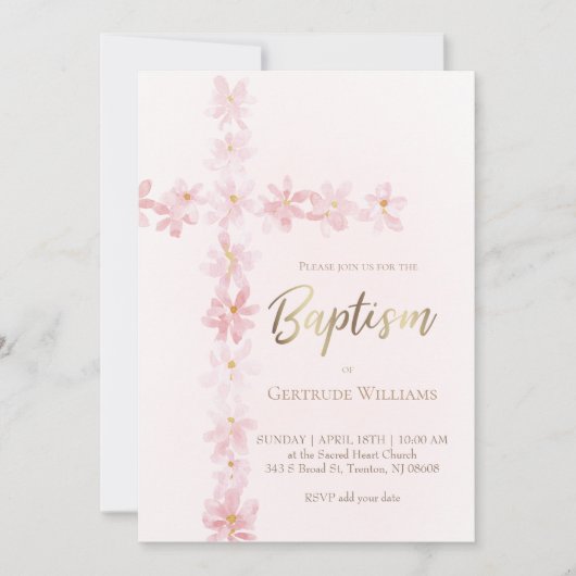 バプテスピンクの水色のフローラクロス 招待状 (正面)