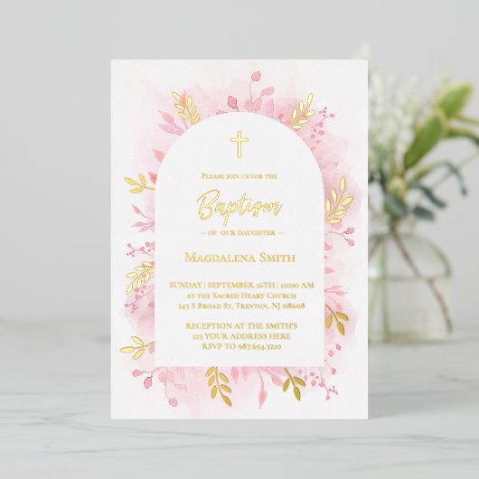 バプテスピンクの水色金ゴールド箔の招待 箔招待状 (立ち正面)