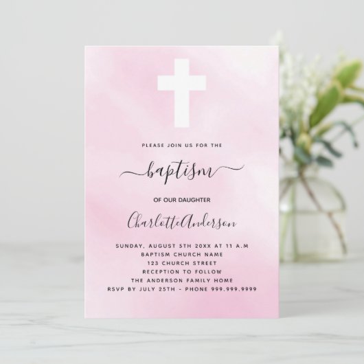 バプテスピンクの空の女の子がミニマルにクロスモダン 招待状 (スタンド正面)