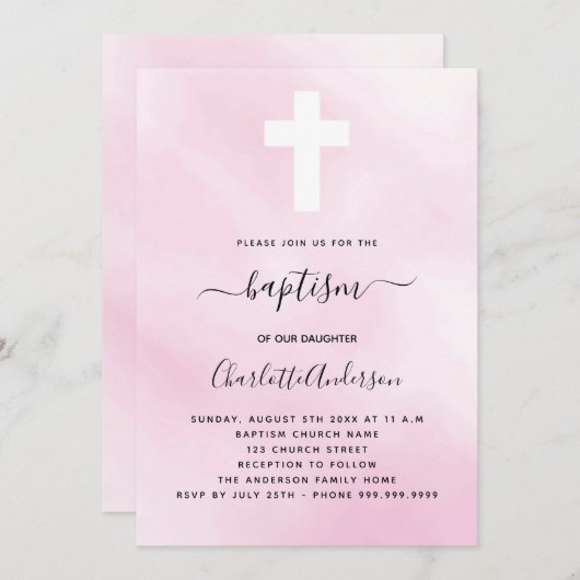 バプテスピンクの空の女の子がミニマルにクロスモダン 招待状 (正面/裏面)