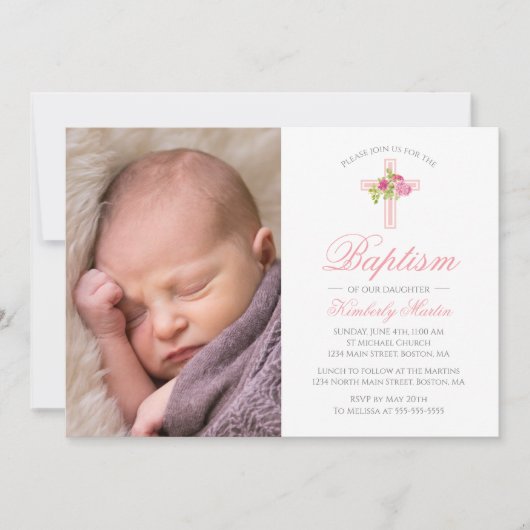 バプテスピンククロスとバラフローラ写真 招待状 (正面)