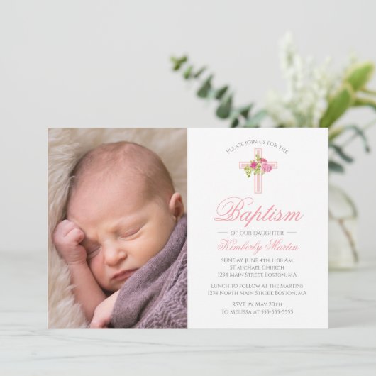 バプテスピンククロスとバラフローラ写真 招待状 (スタンド正面)