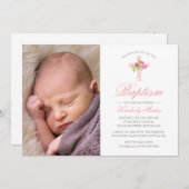 バプテスピンククロスとバラフローラ写真 招待状 (正面/裏面)